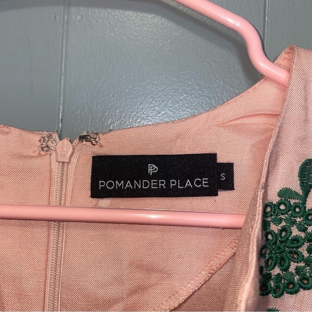 Tuckernuck Pomander Place Emma Pink Linen with Green Embroidery Midi Dress Small - Picture 6 of 8